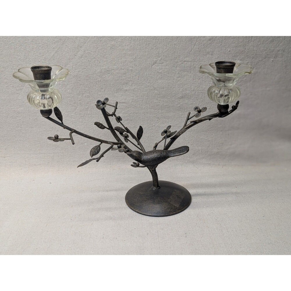 Vintage Metal Bird on Branch Candelabra 2 Candle Holder Glass Flower Cups Rustic